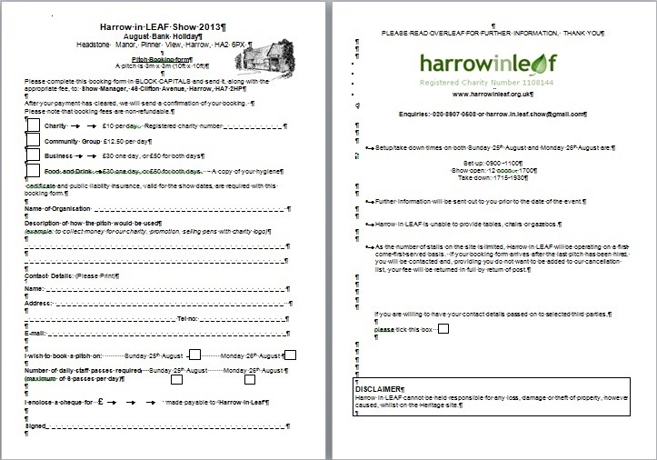 Harrow in Leaf - Pitch Booking Form